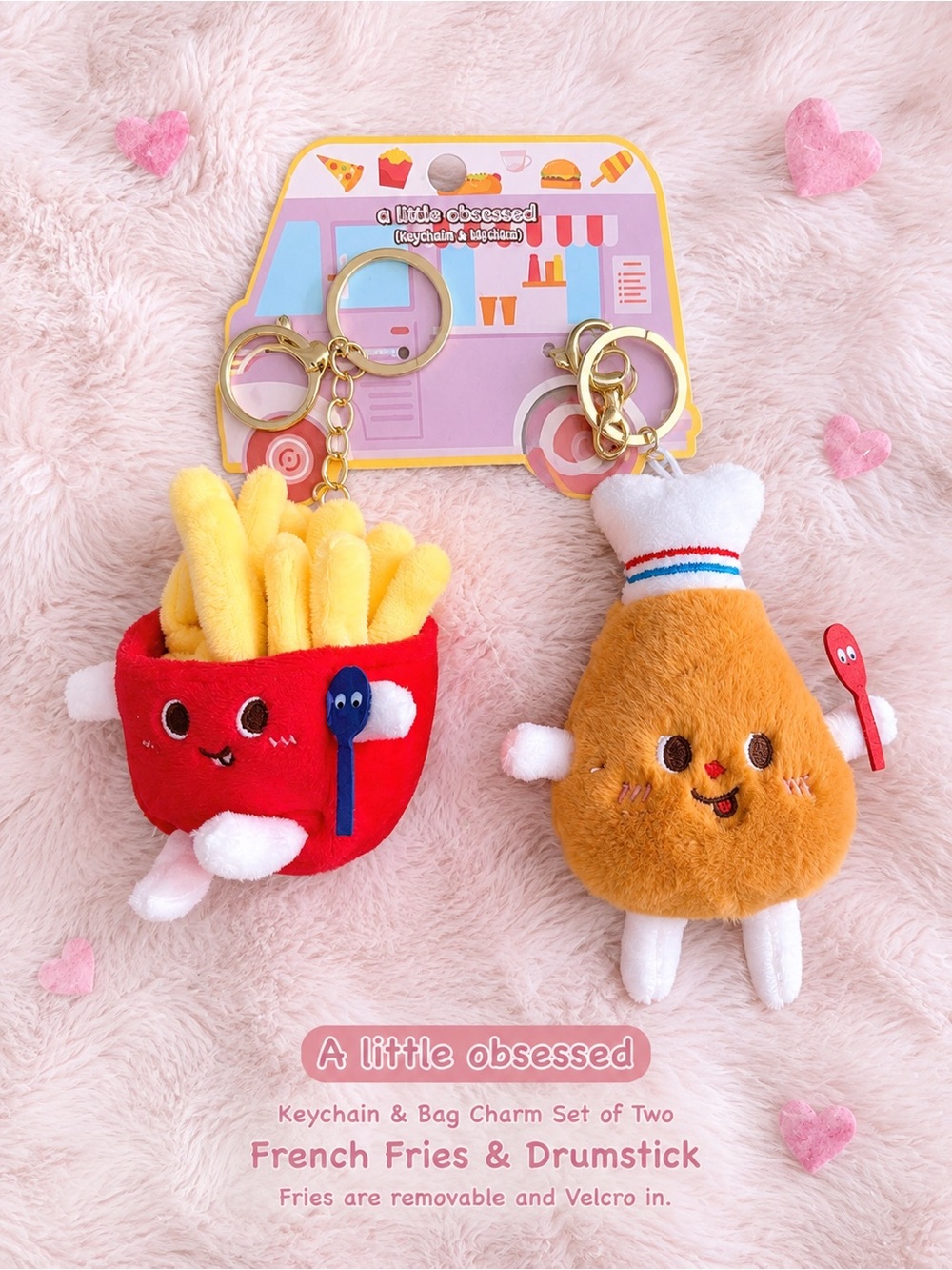 A Little Obsessed set of two drumstick and fries, carrying back charms